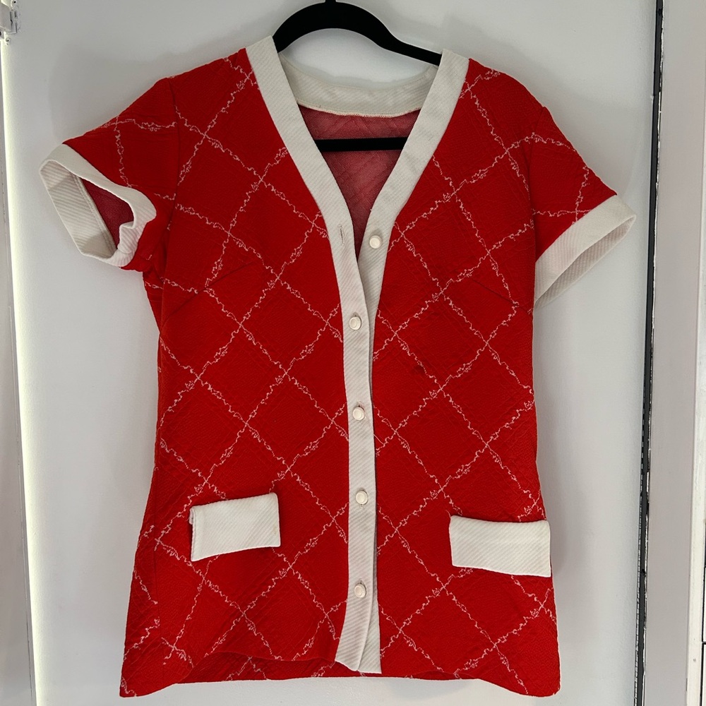 Vintage Red Short Sleeve Tunic with Cream Trim